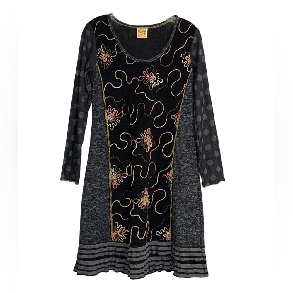 Hand Jive Wearable Art Dress Embroidered Floral Polka Dot Striped Tunic XS